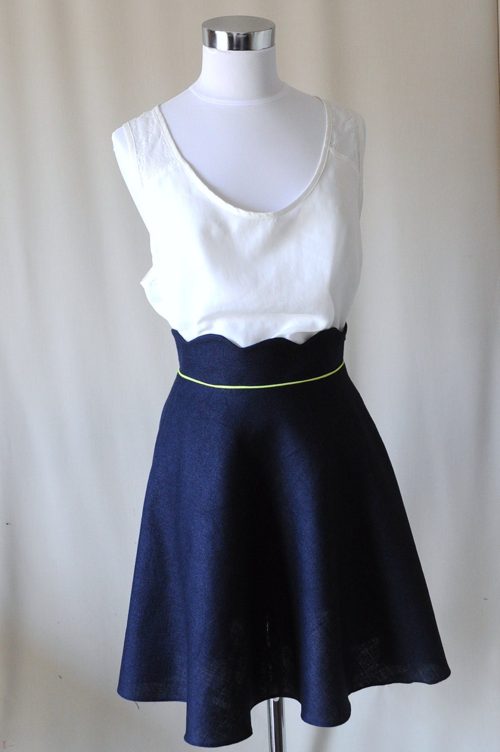 Navy Blue Scallop Waist Skirt with Neon Piping - High Waisted, Half Circle Skirt - S