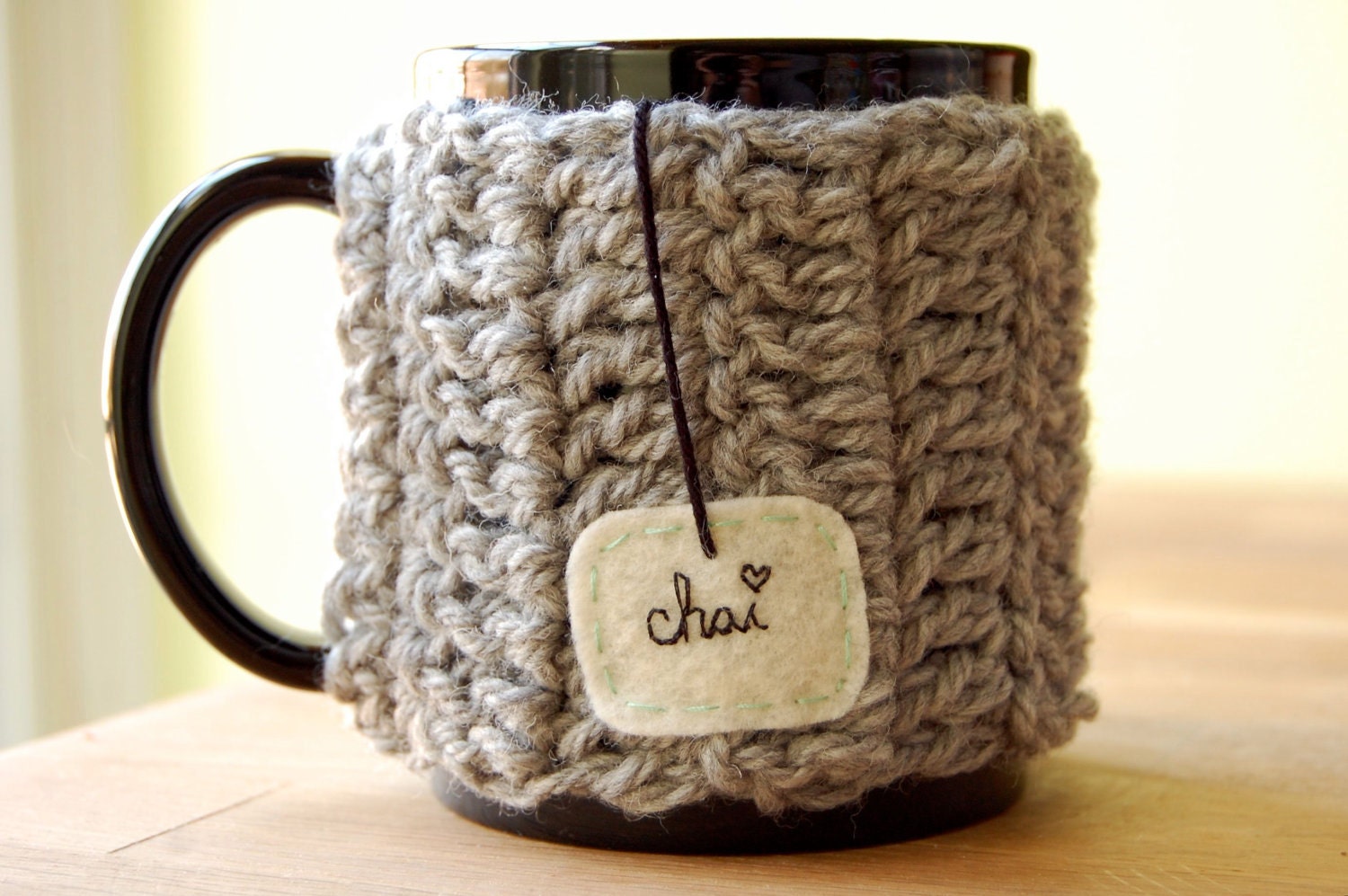Personalize Chai Love Mug Cozy Crochet Light Grey Tea Cup Cosy - Made to Order