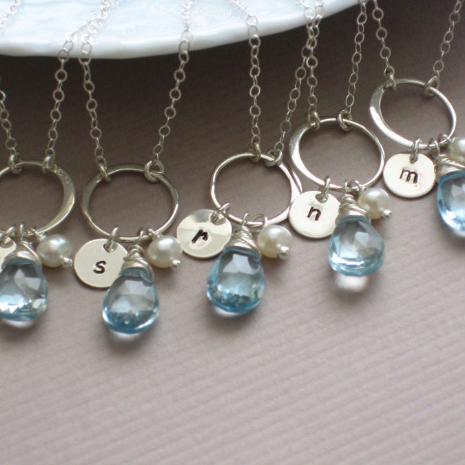 Bridesmaid Gift, Set of 5 Sterling silver, Gemstone & Initial Necklaces, Letter, Blue Topaz, Pearl, Eternity Circle, personalized