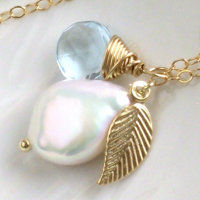 Coin Pearl & Gemstone Necklace with Leaf Charm, Gold fill, Custom Color, Gemstone Briolette, Personalized, Bridesmaid Gift, June Birthday