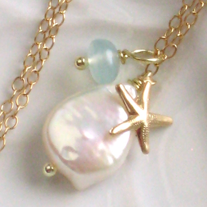 Starfish Necklace with White Coin Pearl, Chalcedony & Starfish Charm, 14k Gold fill, Beach Jewelry, Bridesmaid Gift, Summer Wedding