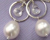 Pearl & Clear Quartz Earrings in Sterling Silver, Drop Earrings, Sparkle, Pearl Dangle Earrings, June Birthday, Bride