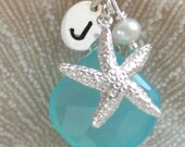 Starfish Necklace with Chalcedony & Initial Tag in Sterling Silver, Starfish Charm, Sea Star, Personalized, Beach Theme, Bridesmaid gift