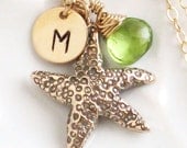 Starfish & Gemstone Necklace with Initial Tag, Custom Color, Beach Wedding, Green Peridot, Starfish Necklace
