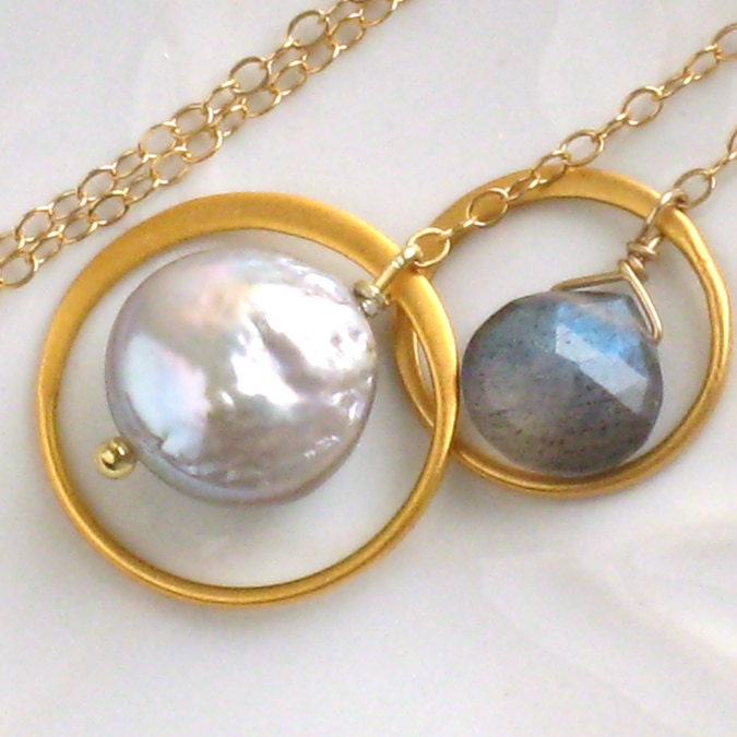 Labradorite & Grey Coin Pearl Lariat Necklace in 14k Gold fill and Vermeil,Circle of Life, Karma, Gold Lariat