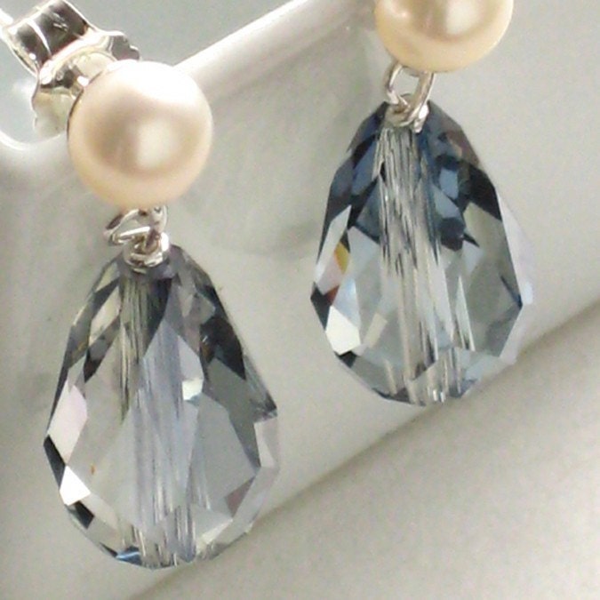 Winsome Earrings -Freshwater Pearls and Preciosa Blue Crystal drops in Sterling Silver