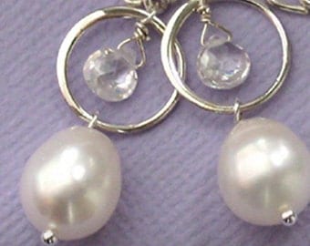 Pearl & Clear Quartz Earrings in Sterling Silver, Drop Earrings, Sparkle, Pearl Dangle Earrings, June Birthday, Bride