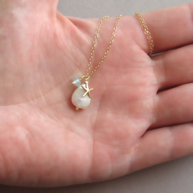Bridesmaid Jewelry Gift Set - 3 Beach Necklaces - White Coin Pearl, Chalcedony drop and Starfish Charm in 14k Gold fill