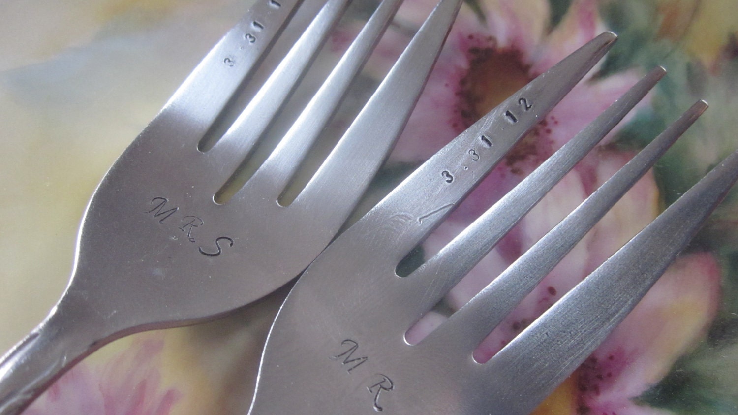 Wedding Cake Personalized Forks Mr. Mrs. on vintage beautiful flower design silverware