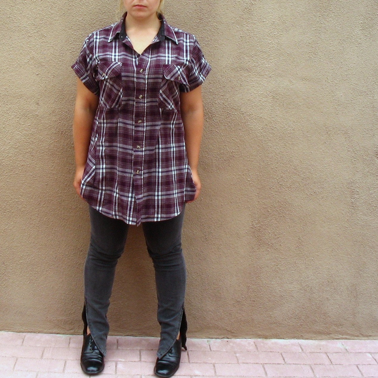 Fitted Shirt Dress -- Burgundy plaid