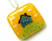 Little Blue House on a Hill Fused Glass Pendant Necklace