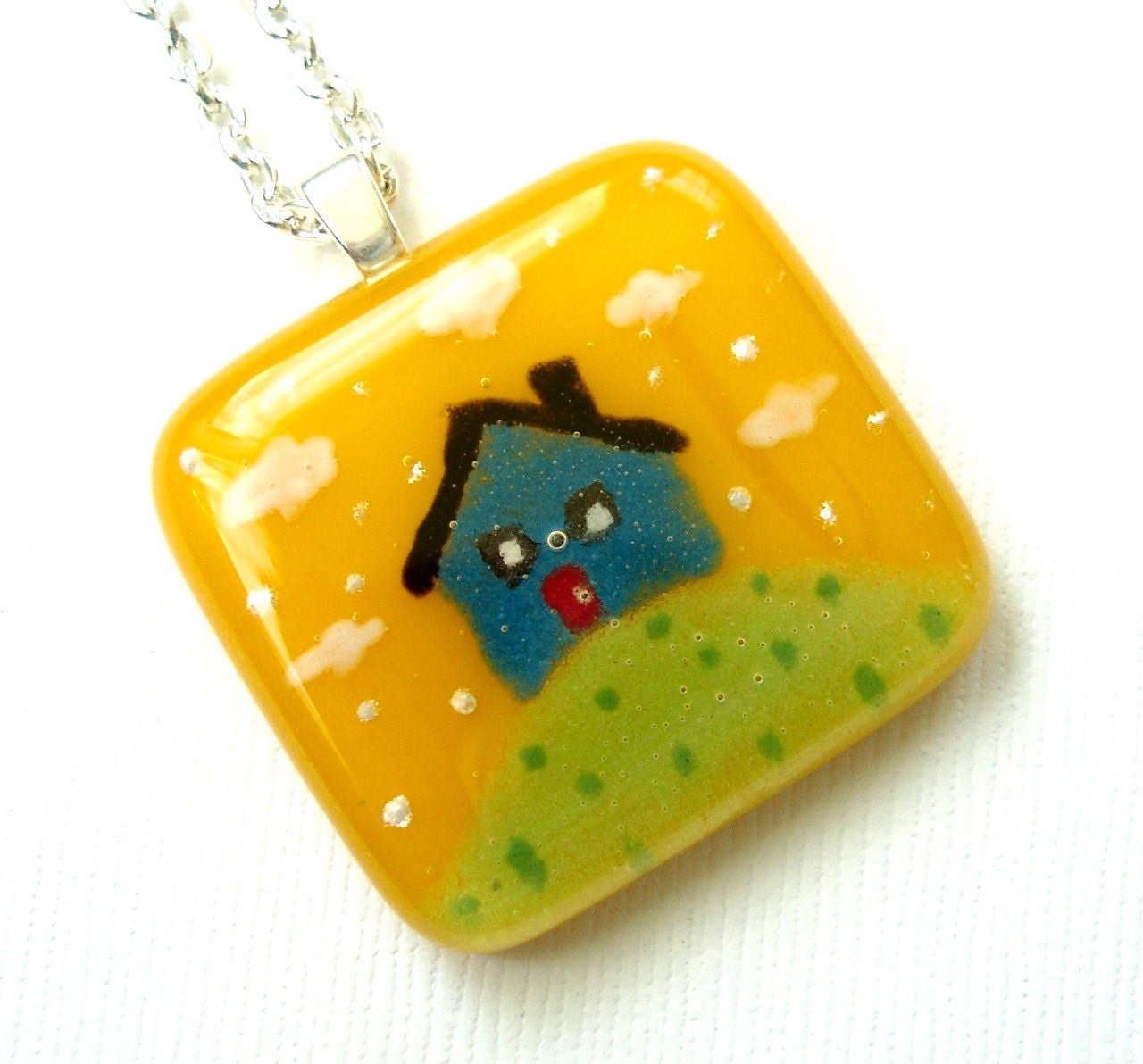 Little Blue House on a Hill Fused Glass Pendant Necklace
