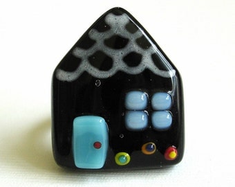 Black Fairytale Cottage Fused Glass Ring