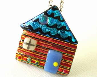 Delightful Cottage Fused Glass Pendant Necklace