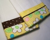 Baby Girl Burp Cloths Yellow Floral Print Trimmed with Brown Polka Dot Fabric Made To Order Set of Two Personalized