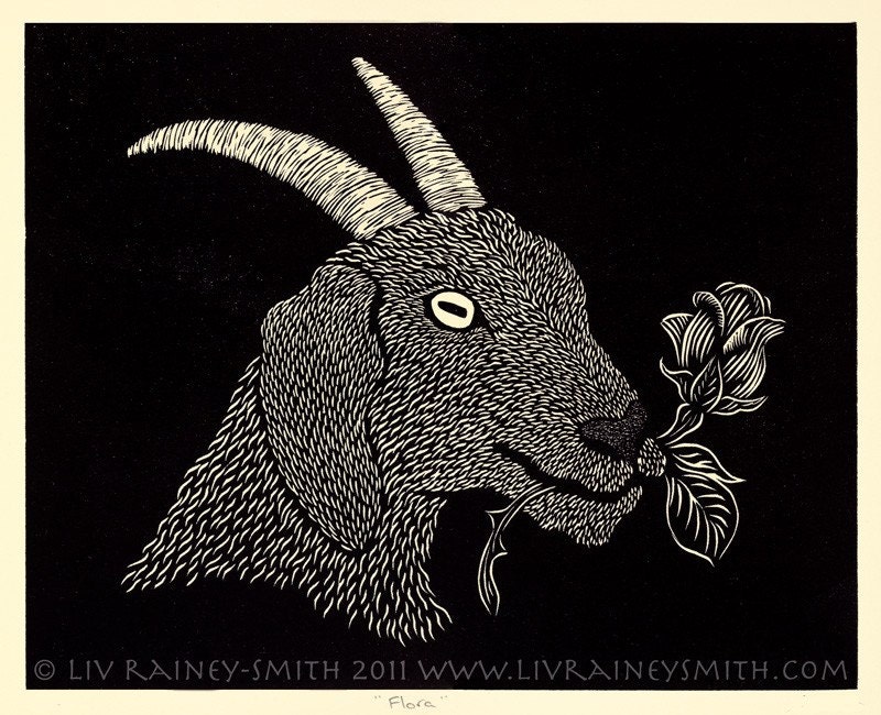 Flora woodcut Goat rose print