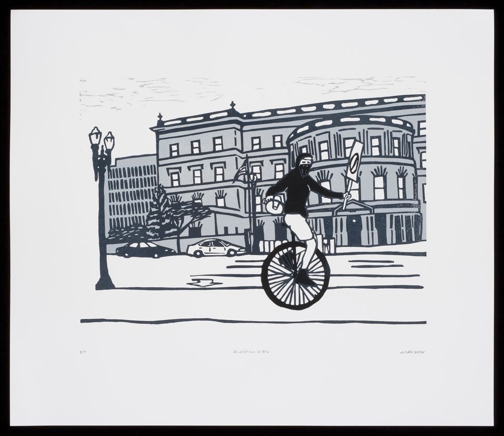 Revelation 6 5-6, The Four Portlanders of the Apocalypse, Protest Rider woodblock print