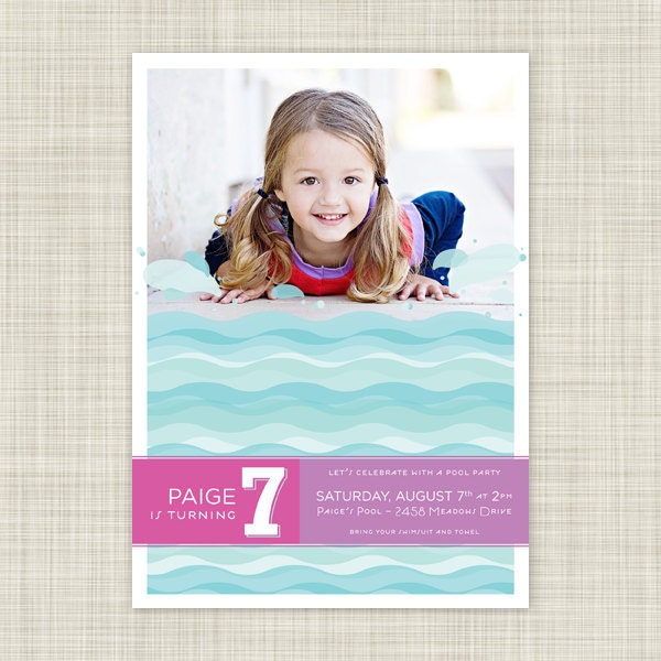 Kids Birthday Party Invitations - Childrens Birthday Invites - Pool Party Photo Card - Printable