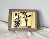 Vintage silhouette box reverse painted glass on wood box - romantic couple black gold