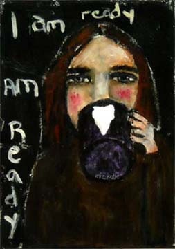 8x10 Print Portrait of woman drinking coffee in purple heart cup mug - I am Ready - rosy pink cheeks