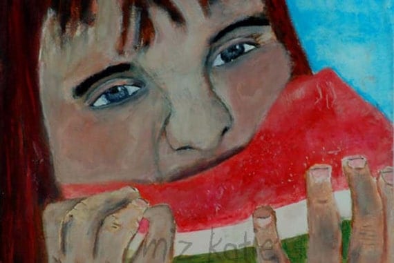 Acrylic Portrait Painting Little Red Haired Girl Eating Watermelon Original birch plywood