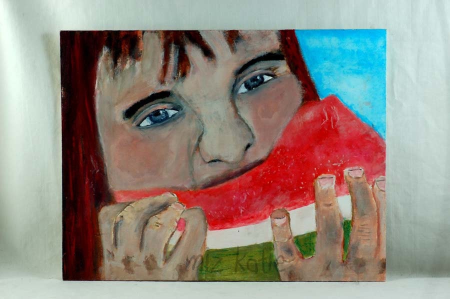 Acrylic Portrait Painting Little Red Haired Girl Eating Watermelon Original birch plywood
