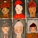 Small Original Painting - Sweet girl with orange red hat and sweater eyes closed Amelie 4x6 mixed media whimsical art canvas board