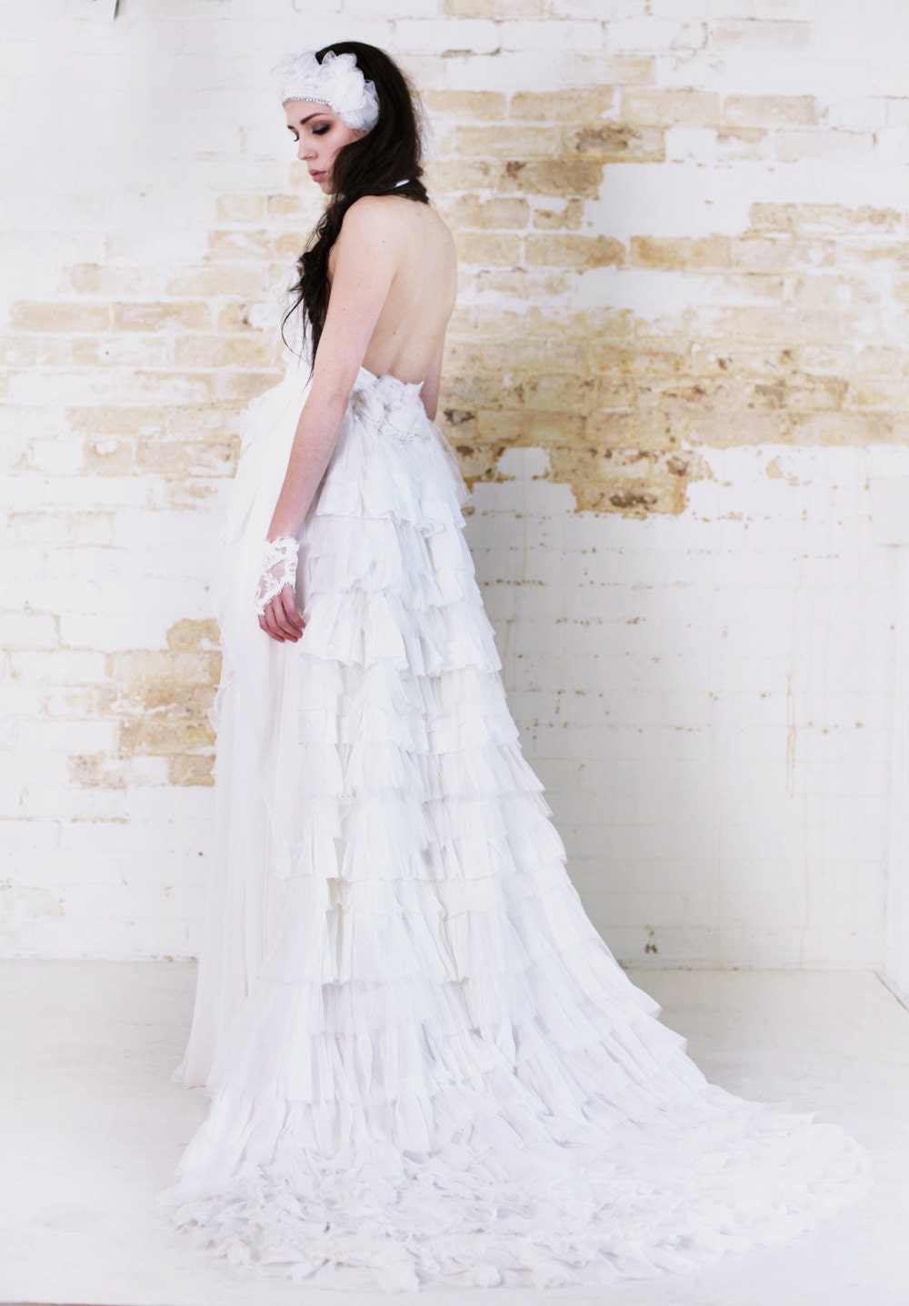 Angels Dance - Snow White Lace Silk Chiffon Wedding Gown Full Princess Ruffle Train