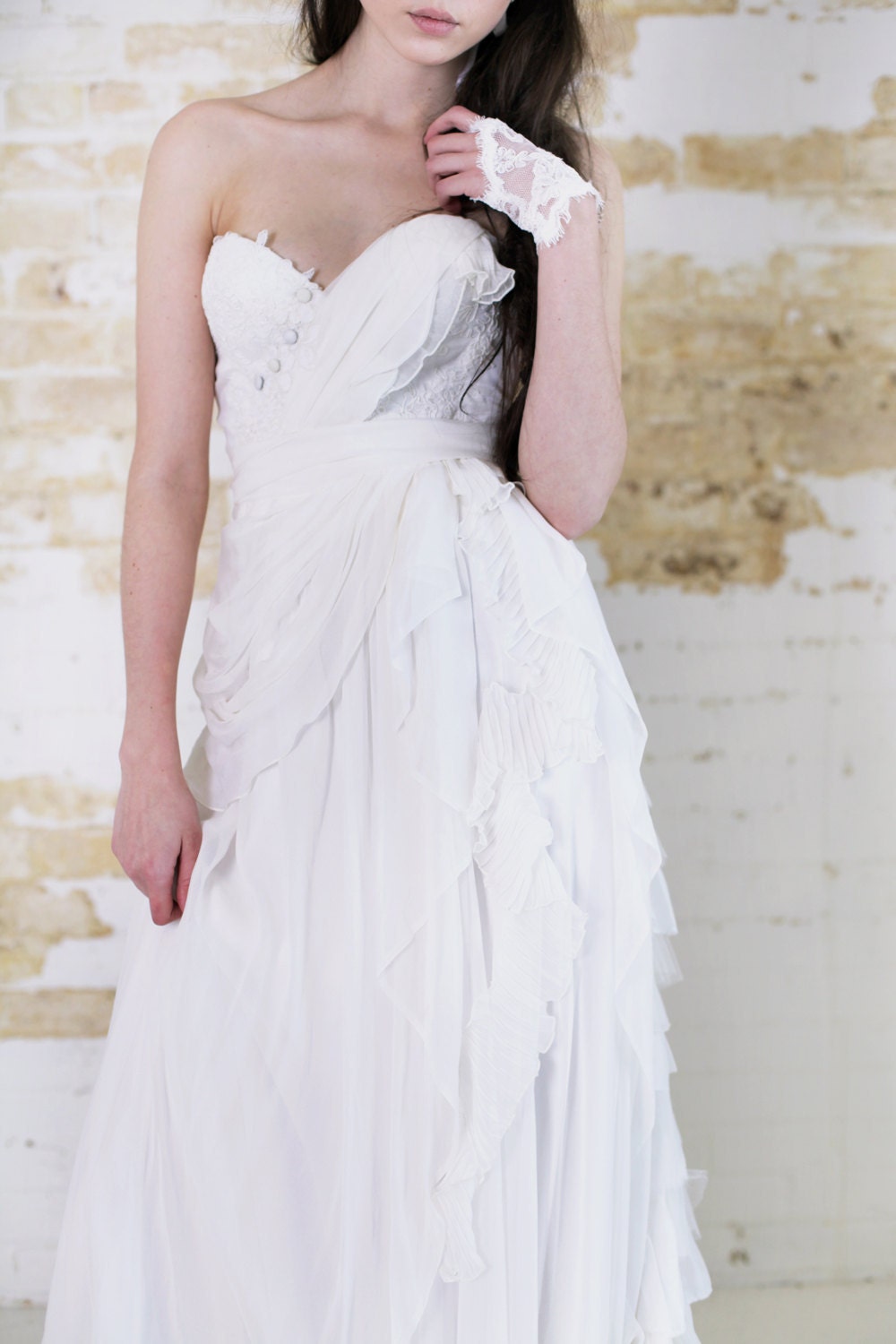 Angels Dance - Snow White Lace Silk Chiffon Wedding Gown Full Princess Ruffle Train