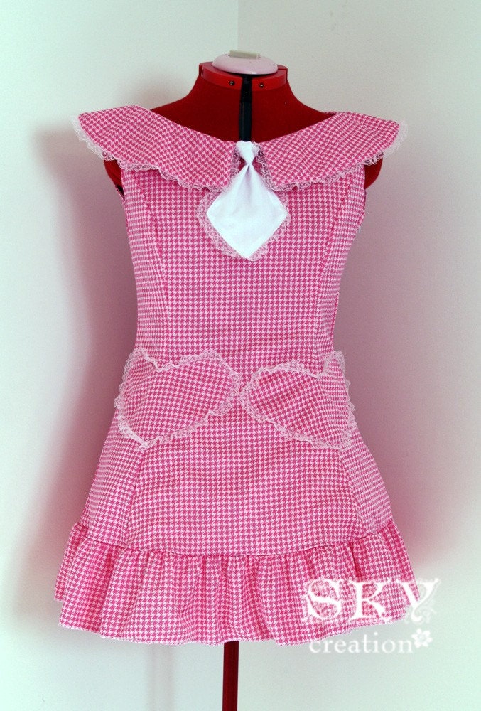 Pink X White Houndstooth Dress with Boat Neck, Collar and Tie M-L