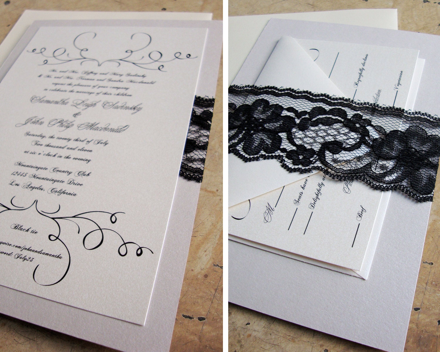 Lace Wedding Invitations / RSVP Enclosure Card / Outer Envelope / Black lace