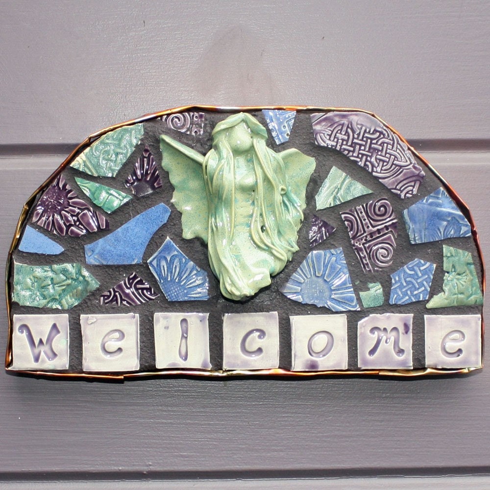 SALE Mosaic Welcome Garden Fairy Plaque Sign