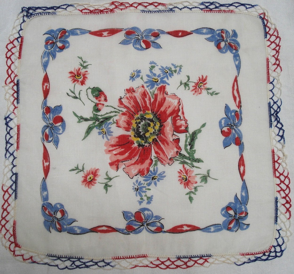 Vintage Hanky Handkerchief  Poppy and Lace Red White Blue MINT