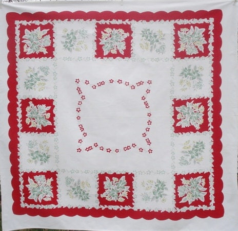 Vintage Tablecloth Red Jadeite Green Lillies Lily