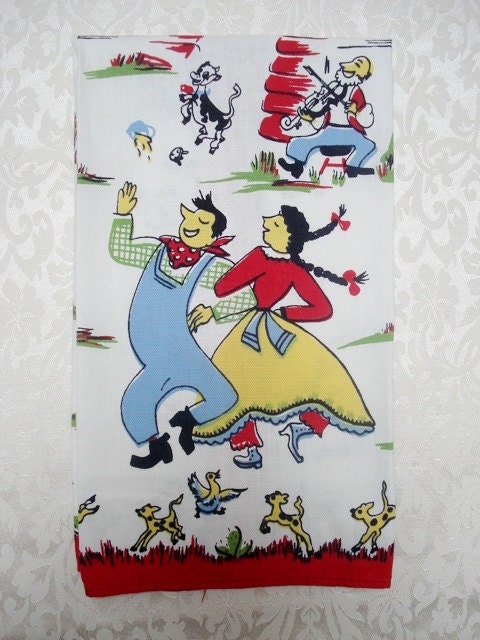 Vintage Tea Towel Kitschy Kitchen Barnyard Dancers