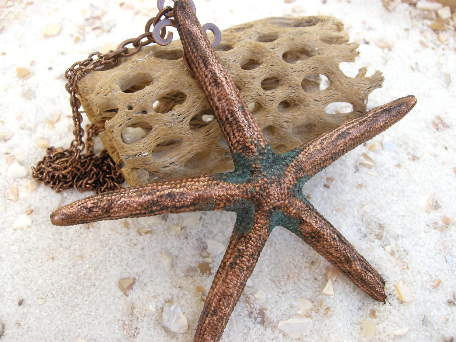 Finger Starfish Necklace Pendant Copper Electroformed with Patina