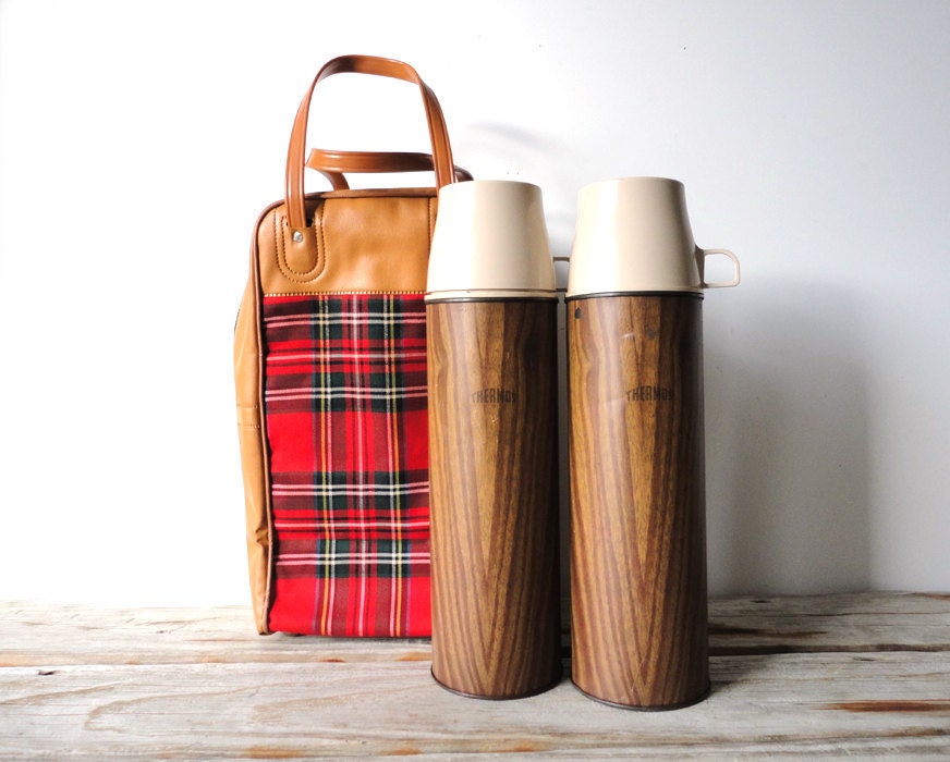 Thermos Pair and Tartan Plaid Carrying Case