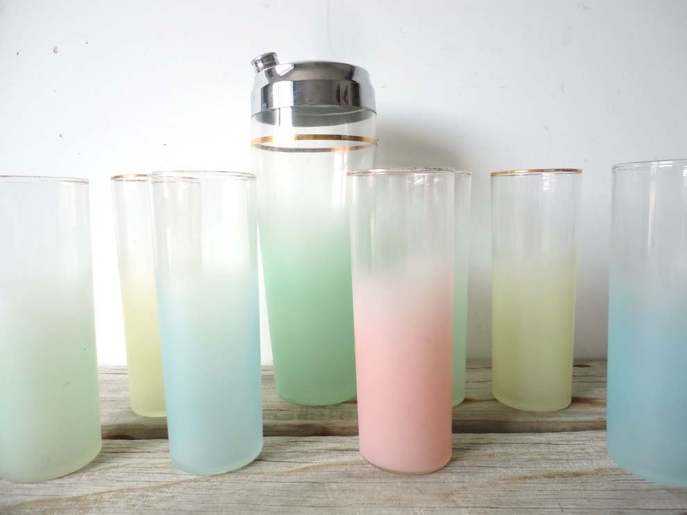 Set of Pastel Glasses & Shakers. Summer Cocktail Party