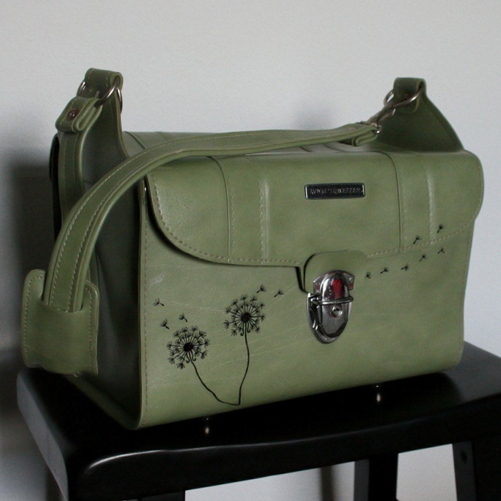 UPCYCLED Asparagus Green VINTAGE Camera Bag or Train Case w Dandelions and Seedlings