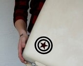 UPCYCLED Off White VINTAGE Suitcase with Black Rings and Red and Black Nautical STAR- BULLSEYE
