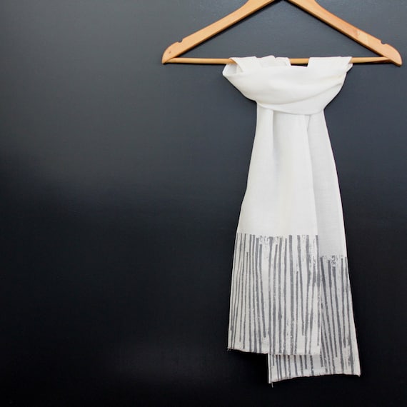 White Linen Scarf with Grey Abstract Lines Print - 50% OFF CHRISTMAS SALE