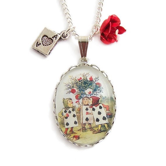 Alice in Wonderland necklace .. Painting the roses red with rose and ace card charms