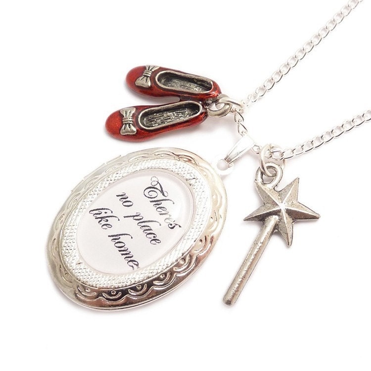 Wizard of Oz necklace .. Theres no place like Home Ruby red shoes and wand charm locket