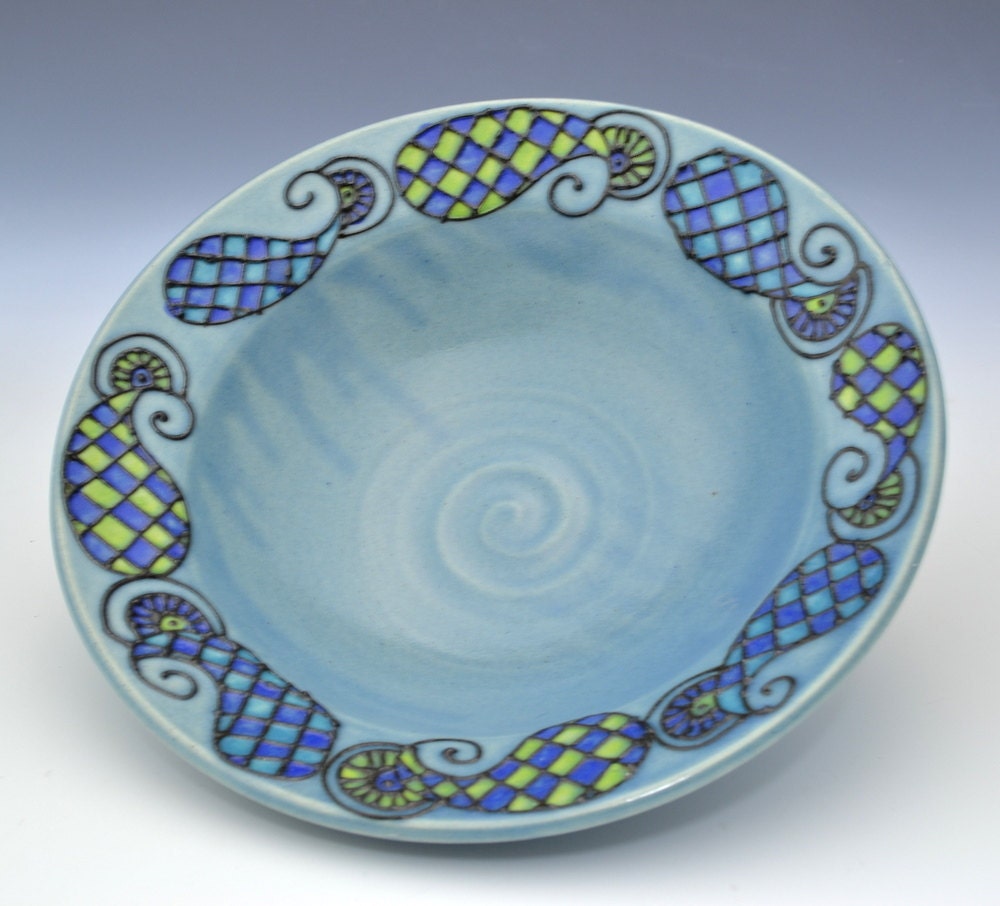 Shallow Pasta Bowl in Blue decorated with Paisleys