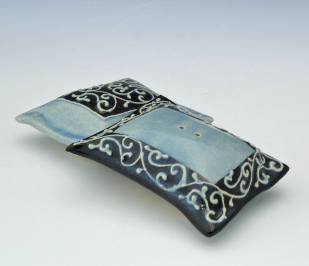 Salt Pepper Shakers Pillow shaped Blue Black by Charan Sachar Ready to Ship