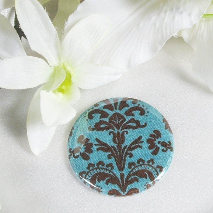 pocket mirror blue with brown damask print fabric covered pocket mirror wedding favor