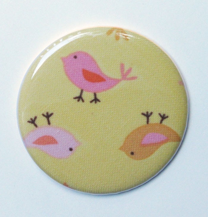 pocket mirror sweet little birds on yellow fabric covered pocket mirror