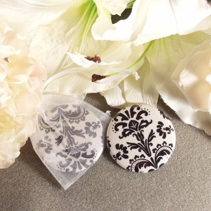 pocket mirrors one dozen (12) Beautiful white with black damask fabric covered pocket mirrors