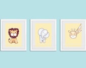 Nursery art prints, baby boy nursery decor, nursery print, safari animals, kids wall art, elephant giraffe lion yellow Set 5 x 7 prints