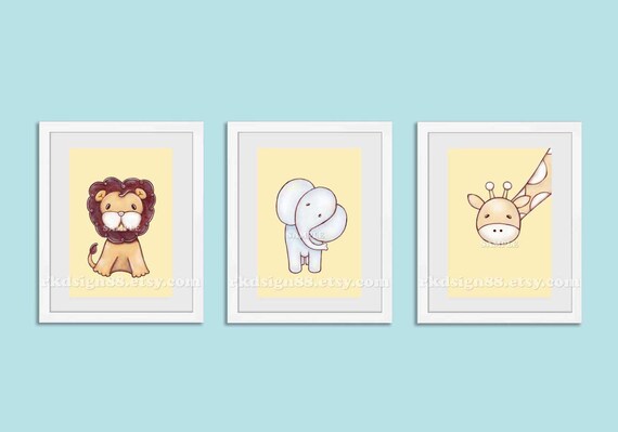 Nursery art prints, baby boy nursery decor, nursery print, safari animals, kids wall art, elephant giraffe lion yellow Set 5 x 7 prints